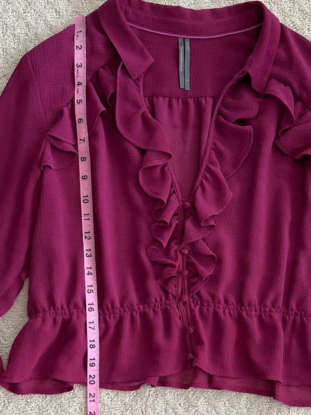 Anthropologie Sheer Ruffled V-Neck Blouse Berry XL Cropped Flowy Lightweight - Picture 14 of 15